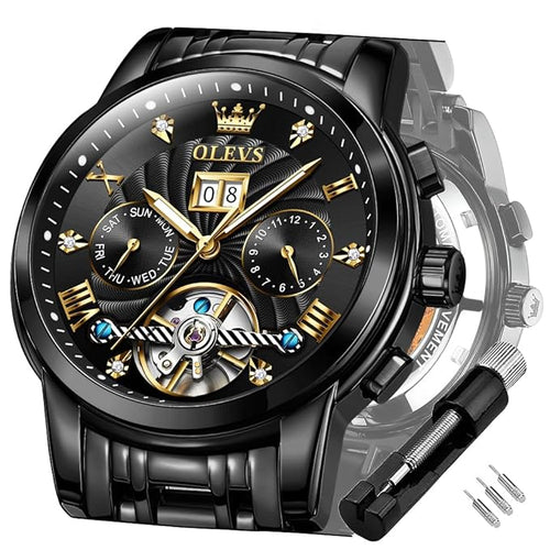 Timelyst Automatic Watches for Men Diamond Skeleton Mechanical Tourbillon Self Winding Luxury Dress Wrist Watches Calendar Luminous Waterproof