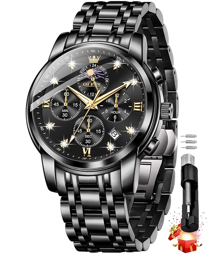 Timelyst Chronograph Watches for Men Original Analog Quartz Black Stainless Steel Chain Luxury Dual Time Zone Moon Phase Date Waterproof Men's Wrist Watch
