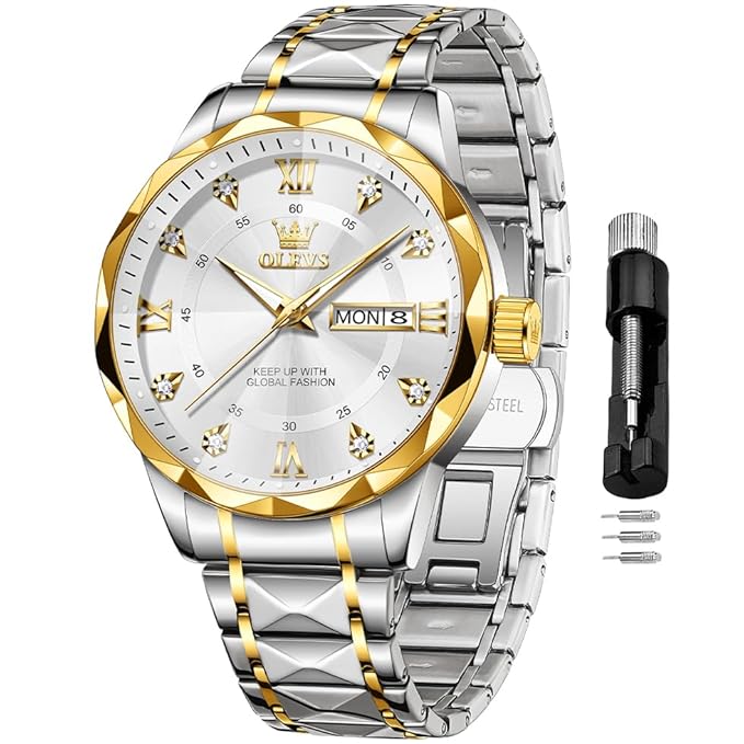 TIMELYST Men’s Business Quartz Watch with Gold & Blue Dial and Stainless Steel Strap
