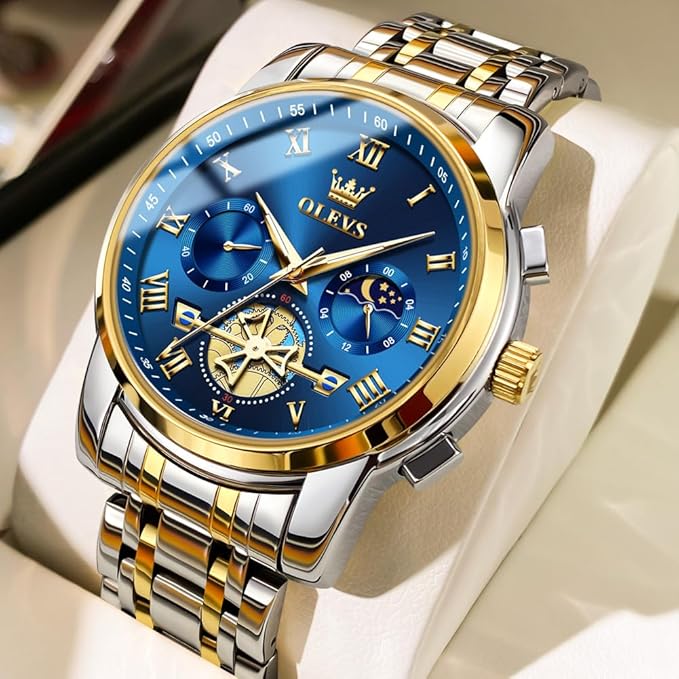 Timelyst Watches for Men Chronograph Business Wrist Watches Analog Quartz Moon Phase Stainless Steel Waterproof Luminous Dress Watches