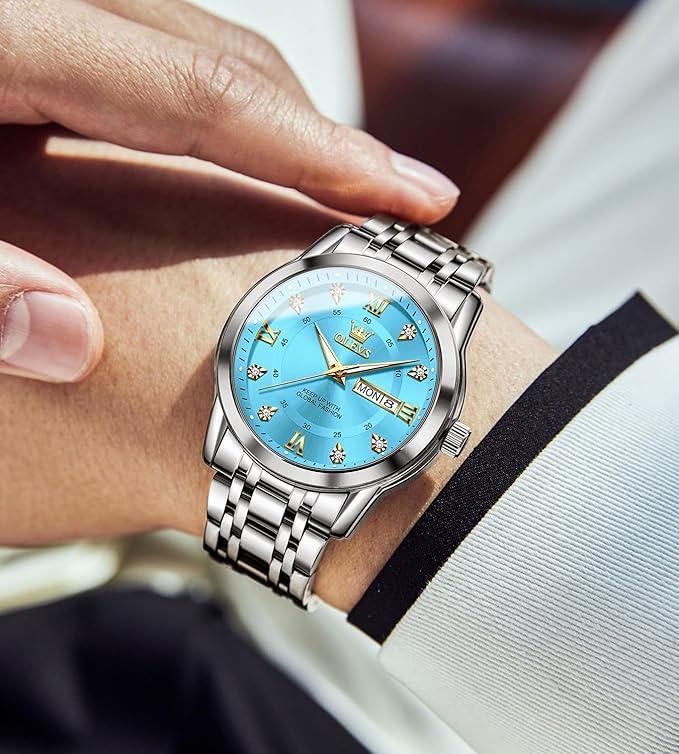 TIMELYST Men’s Analog Quartz Luxury Watch with Green Dial, Stainless Steel Band, Date & Waterproof