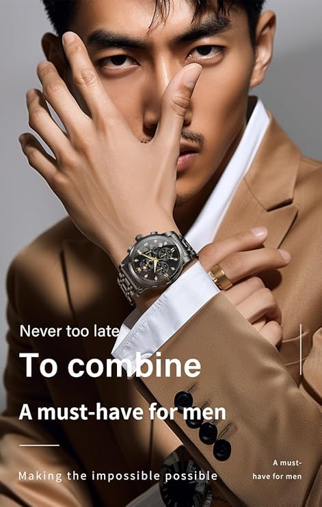 Timelyst Chronograph Watches for Men Original Analog Quartz Black Stainless Steel Chain Luxury Dual Time Zone Moon Phase Date Waterproof Men's Wrist Watch