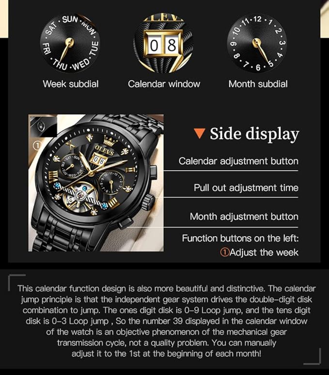 Timelyst Automatic Watches for Men Diamond Skeleton Mechanical Tourbillon Self Winding Luxury Dress Wrist Watches Calendar Luminous Waterproof