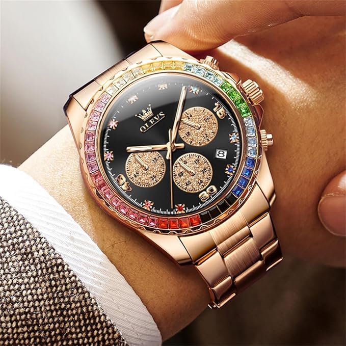 TIMELYST Premium Gold Chronograph Watch – Luxury Diamond Analog Quartz Men’s Watch with Date & Luminous Display