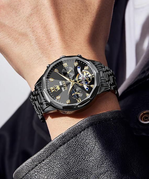 TIMELYST Men’s Automatic Skeleton Tourbillon Watch – Luxury Mechanical Self-Winding Stainless Steel Wrist Watch with Date & Water Resistance