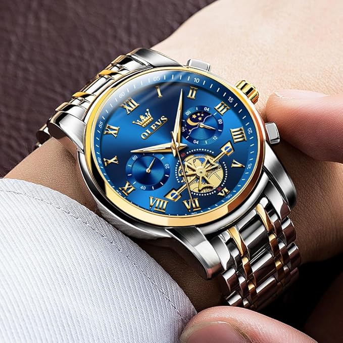 Timelyst Watches for Men Chronograph Business Wrist Watches Analog Quartz Moon Phase Stainless Steel Waterproof Luminous Dress Watches