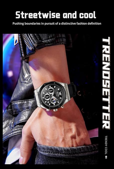 TIMELYST Men’s Multifunction Analog Quartz Chronograph Watch with Calendar, Luminous & Waterproof, Silicone Strap