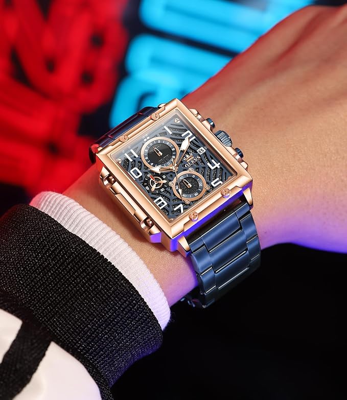 Timelyst Square Watches for Men Brown Leather Chronograph Fashion Business Watch Luminous Waterproof Casual Wrist Watches