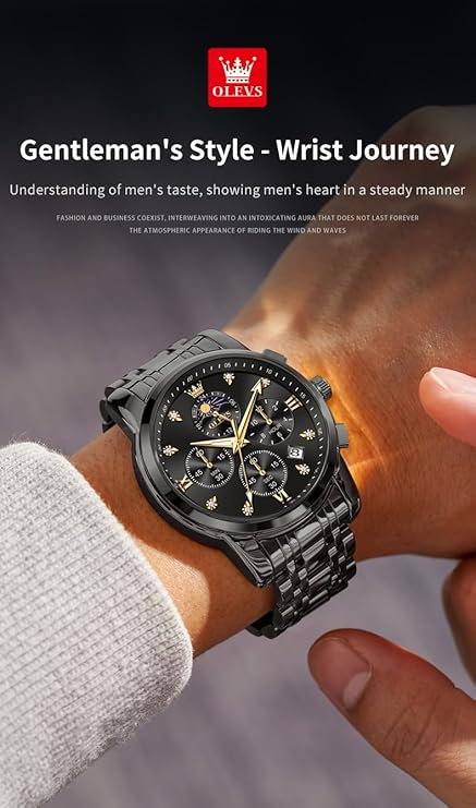 Timelyst Chronograph Watches for Men Original Analog Quartz Black Stainless Steel Chain Luxury Dual Time Zone Moon Phase Date Waterproof Men's Wrist Watch