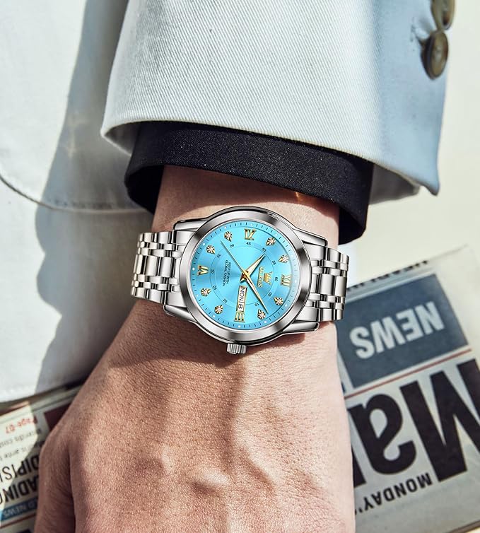 TIMELYST Men’s Analog Quartz Luxury Watch with Green Dial, Stainless Steel Band, Date & Waterproof