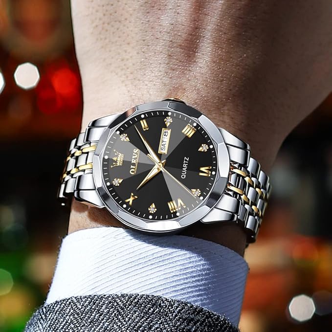 Timelyst Watch for Men Analog Quartz Dress Diamond Business Watches Two Tone Stainless Steel Waterproof Luminous Date Luxury Wrist Watch