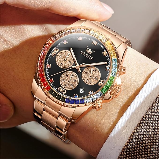 TIMELYST Premium Gold Chronograph Watch – Luxury Diamond Analog Quartz Men’s Watch with Date & Luminous Display