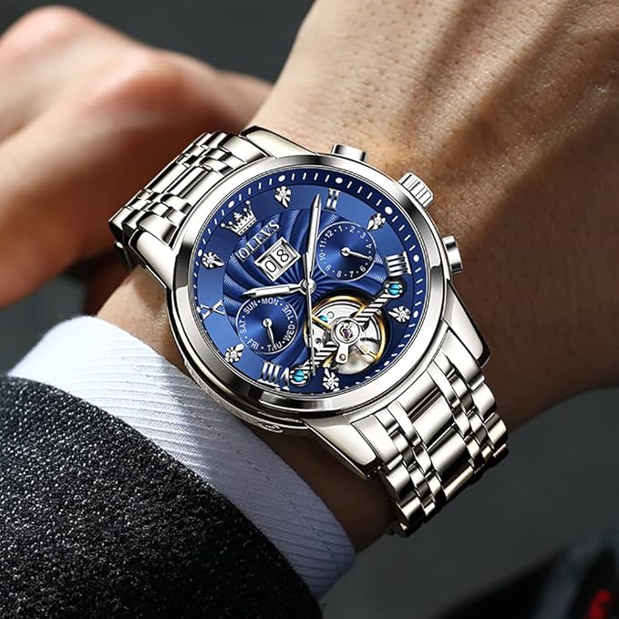 Timelyst Automatic Watches for Men Diamond Skeleton Mechanical Tourbillon Self Winding Luxury Wrist Watches Calendar Luminous Waterproof (Copy)