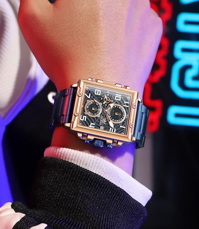 Timelyst Square Watches for Men Brown Leather Chronograph Fashion Business Watch Luminous Waterproof Casual Wrist Watches