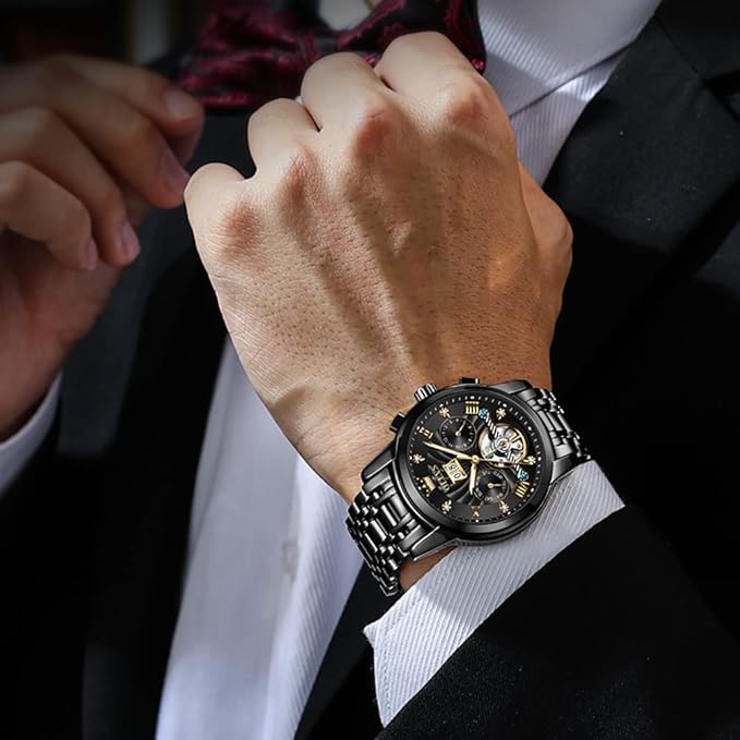 Timelyst Automatic Watches for Men Diamond Skeleton Mechanical Tourbillon Self Winding Luxury Dress Wrist Watches Calendar Luminous Waterproof