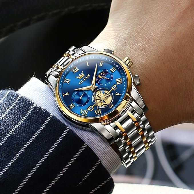 Timelyst Watches for Men Chronograph Business Wrist Watches Analog Quartz Moon Phase Stainless Steel Waterproof Luminous Dress Watches