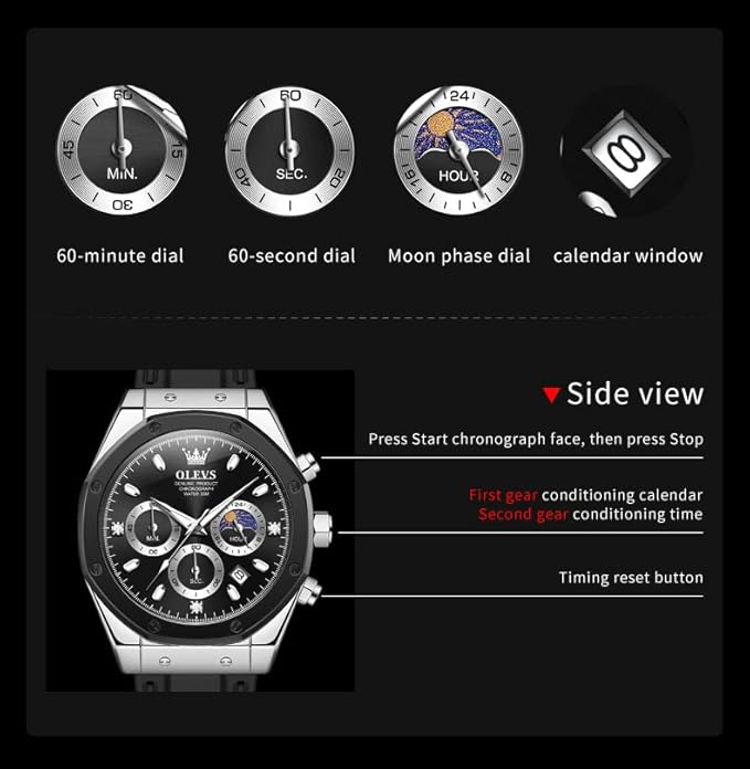TIMELYST Men’s Multifunction Analog Quartz Chronograph Watch with Calendar, Luminous & Waterproof, Silicone Strap