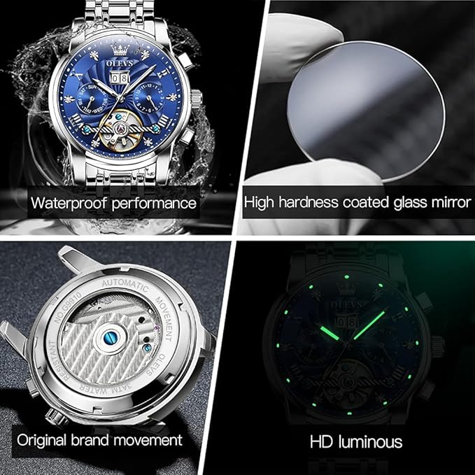 Timelyst Automatic Watches for Men Diamond Skeleton Mechanical Tourbillon Self Winding Luxury Wrist Watches Calendar Luminous Waterproof (Copy)