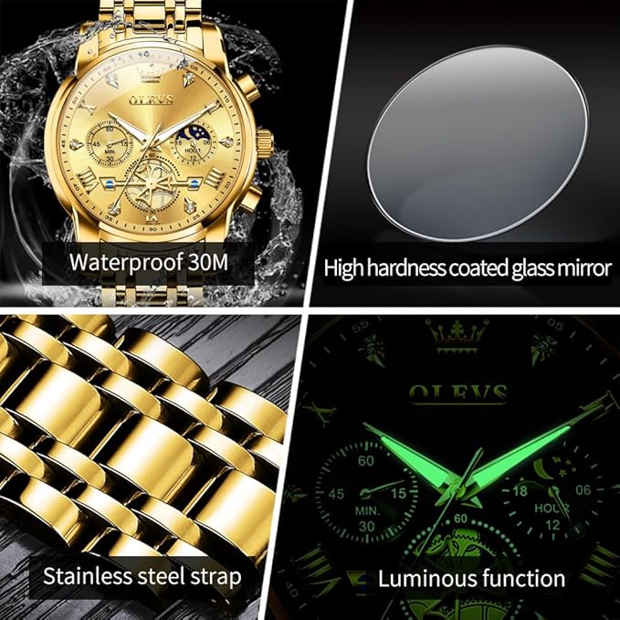 TIMELYST Analog Quartz Skeleton Chronograph Watch for Men | Moon Phase Calendar | Stainless Steel | Waterproof