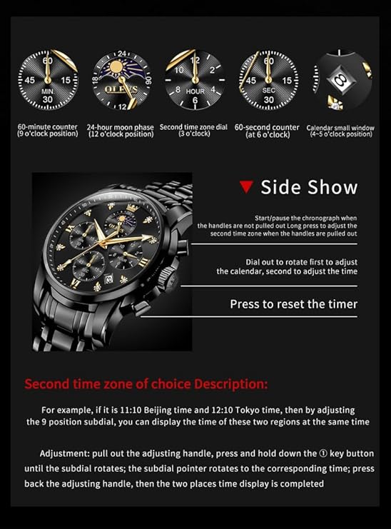Timelyst Chronograph Watches for Men Original Analog Quartz Black Stainless Steel Chain Luxury Dual Time Zone Moon Phase Date Waterproof Men's Wrist Watch
