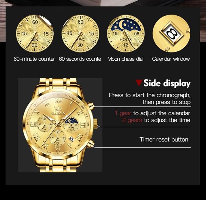 Timelyst Watch for Men Original Analog Quartz Chronograph Luxury Dress Stainless Steel Chain Waterproof Luminous Men's Wrist Watch Date