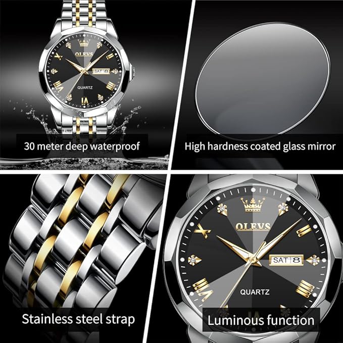 Timelyst Watch for Men Analog Quartz Dress Diamond Business Watches Two Tone Stainless Steel Waterproof Luminous Date Luxury Wrist Watch