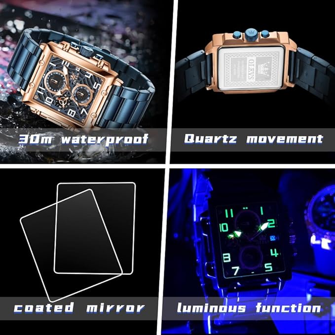 Timelyst Square Watches for Men Brown Leather Chronograph Fashion Business Watch Luminous Waterproof Casual Wrist Watches