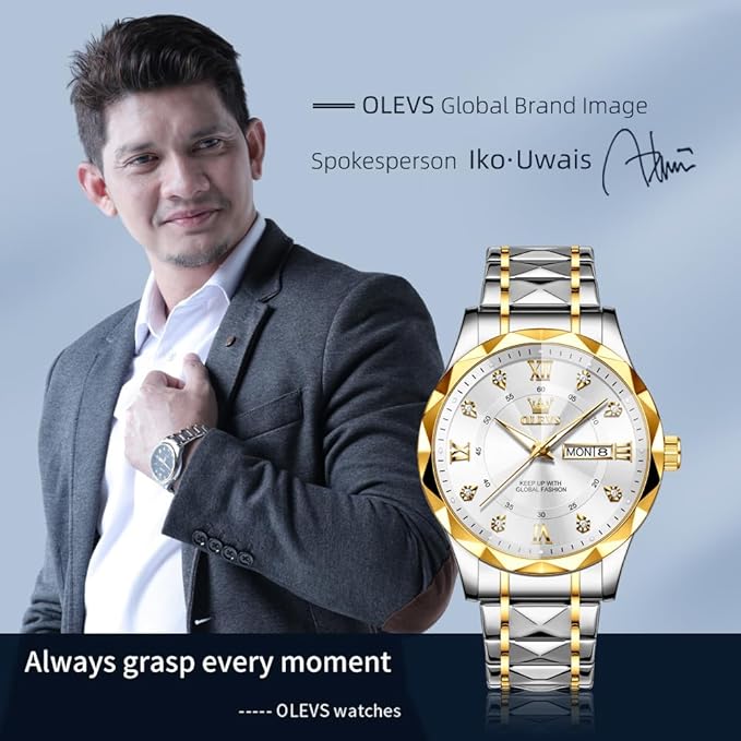 TIMELYST Men’s Business Quartz Watch with Gold & Blue Dial and Stainless Steel Strap