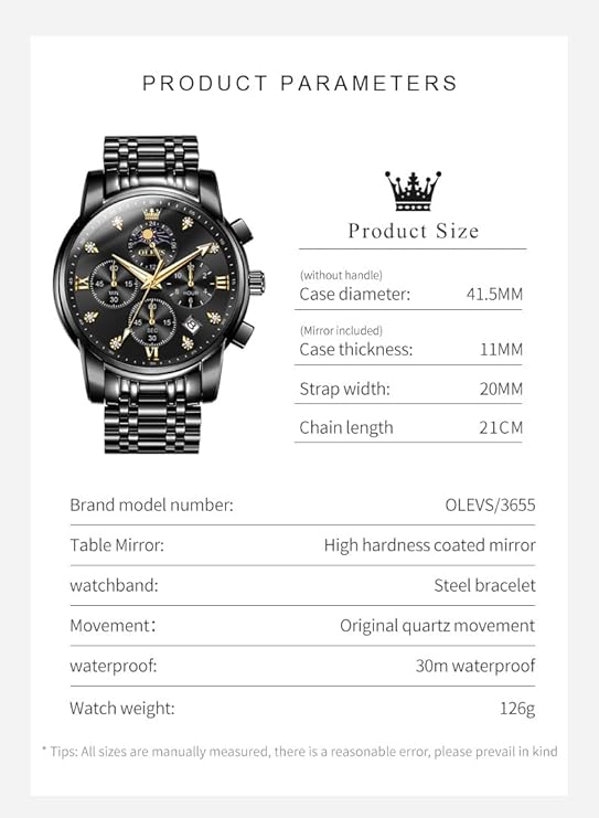 Timelyst Chronograph Watches for Men Original Analog Quartz Black Stainless Steel Chain Luxury Dual Time Zone Moon Phase Date Waterproof Men's Wrist Watch