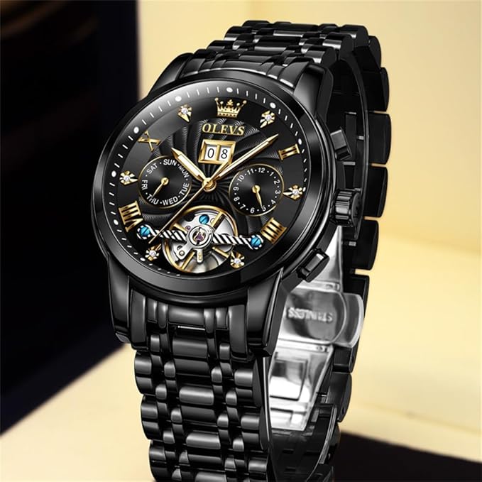 Timelyst Automatic Watches for Men Diamond Skeleton Mechanical Tourbillon Self Winding Luxury Dress Wrist Watches Calendar Luminous Waterproof