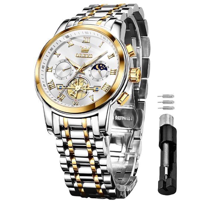 Timelyst Watches for Men Chronograph Business Wrist Watches Analog Quartz Moon Phase Stainless Steel Waterproof Luminous Dress Watches