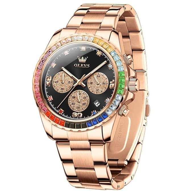 TIMELYST Premium Gold Chronograph Watch – Luxury Diamond Analog Quartz Men’s Watch with Date & Luminous Display