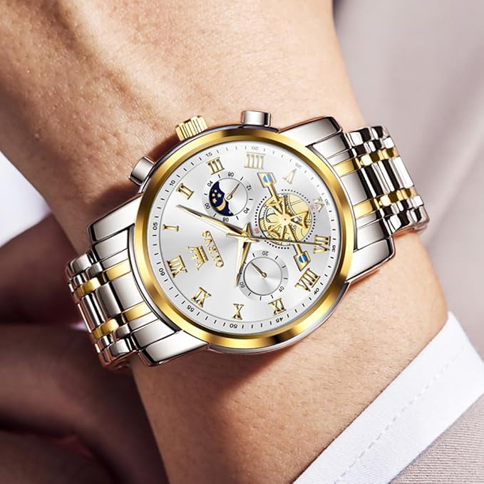 Timelyst Watches for Men Chronograph Business Wrist Watches Analog Quartz Moon Phase Stainless Steel Waterproof Luminous Dress Watches