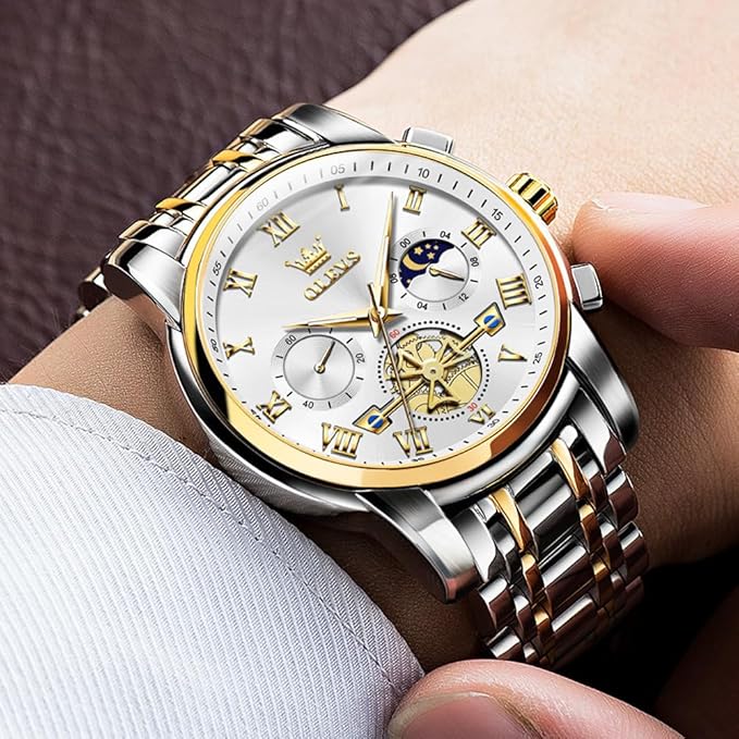 Timelyst Watches for Men Chronograph Business Wrist Watches Analog Quartz Moon Phase Stainless Steel Waterproof Luminous Dress Watches